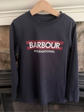 Barbour Navy Long Sleeve Logo Tee with Burgundy Accent